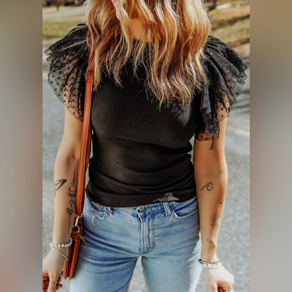Mesh Ruffle Sleeve Top